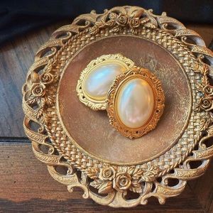 Vintage Oval Pearl with Gold Frame Earrings